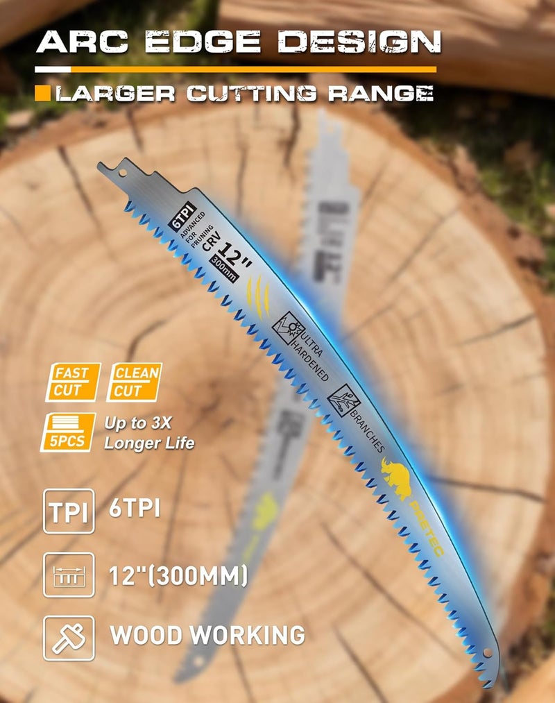 PRETEC Japanese Teeth Reciprocating Saw Blades 12 Inch, Arc Edge Wood Pruning Reciprocating Saw Blades 6TPI Tree Trimming, Wood Cutting, Cr-V Reciprocal Saw Blades Better Wear Resistance, (5 Pack) - Image 2